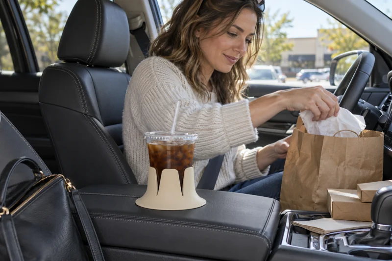 Adult sorting takeout while parked in an SUV with clear iced-coffee cup with flat lid and straw in Steadi on wide flat closed center-console armrest that fully supports the base, parked vehicle. AI illustration.